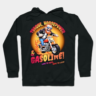 Funny biker riding a chopper, popping a wheelie motorcycle cartoon Hoodie